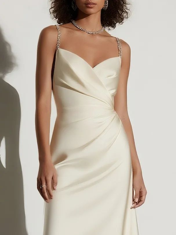 Beige Ruched Satin Spaghetti Gallus A-Line Gown Bridal/Wedding Dress