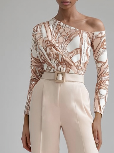 Women Apricot Printing Asymmetrical Long Sleeve Dressy Jumpsuit