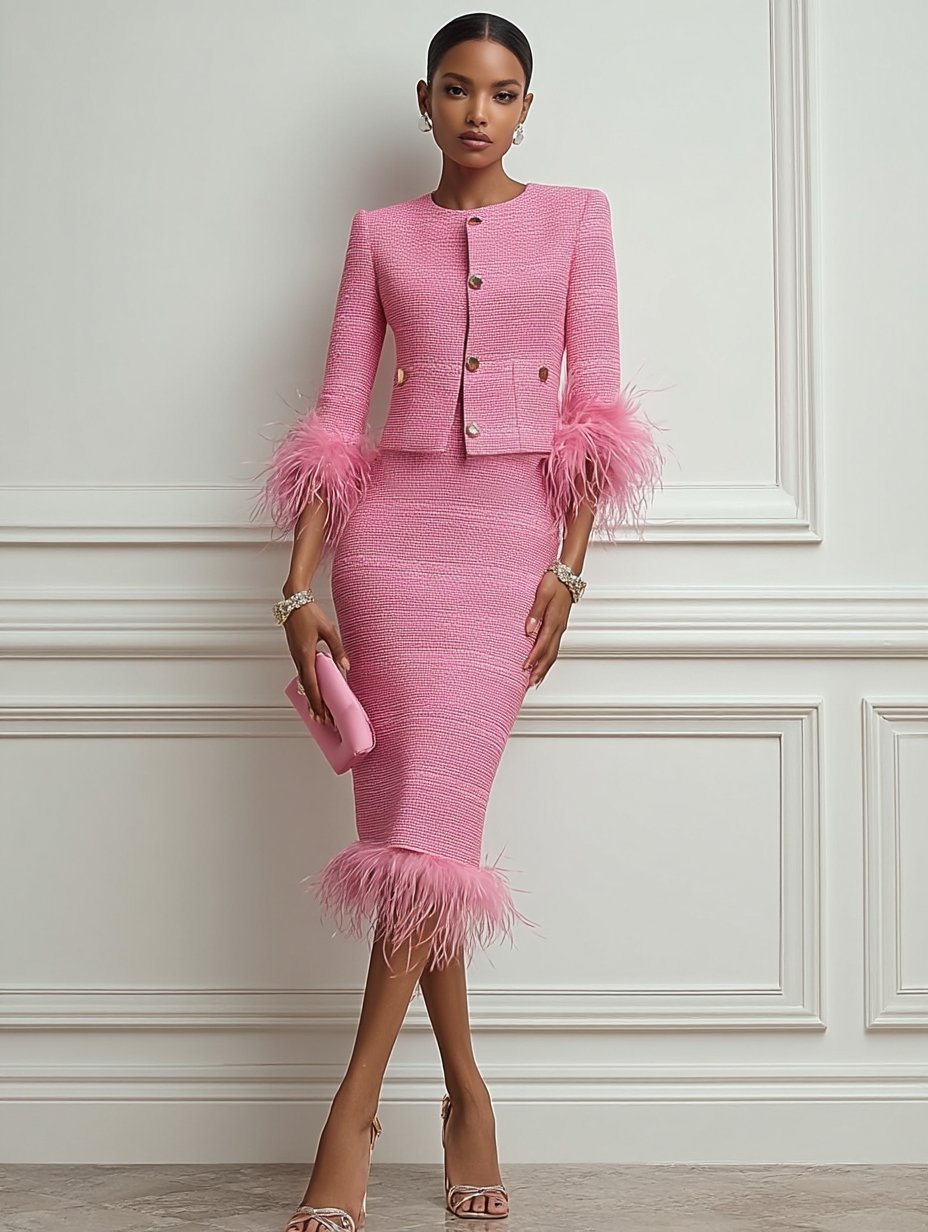 Women Tweed Rose Red Feather-trimmed Buckle Crew Neck Three Quarter Sleeve Dressy Coat With Skirt Two-Piece Set