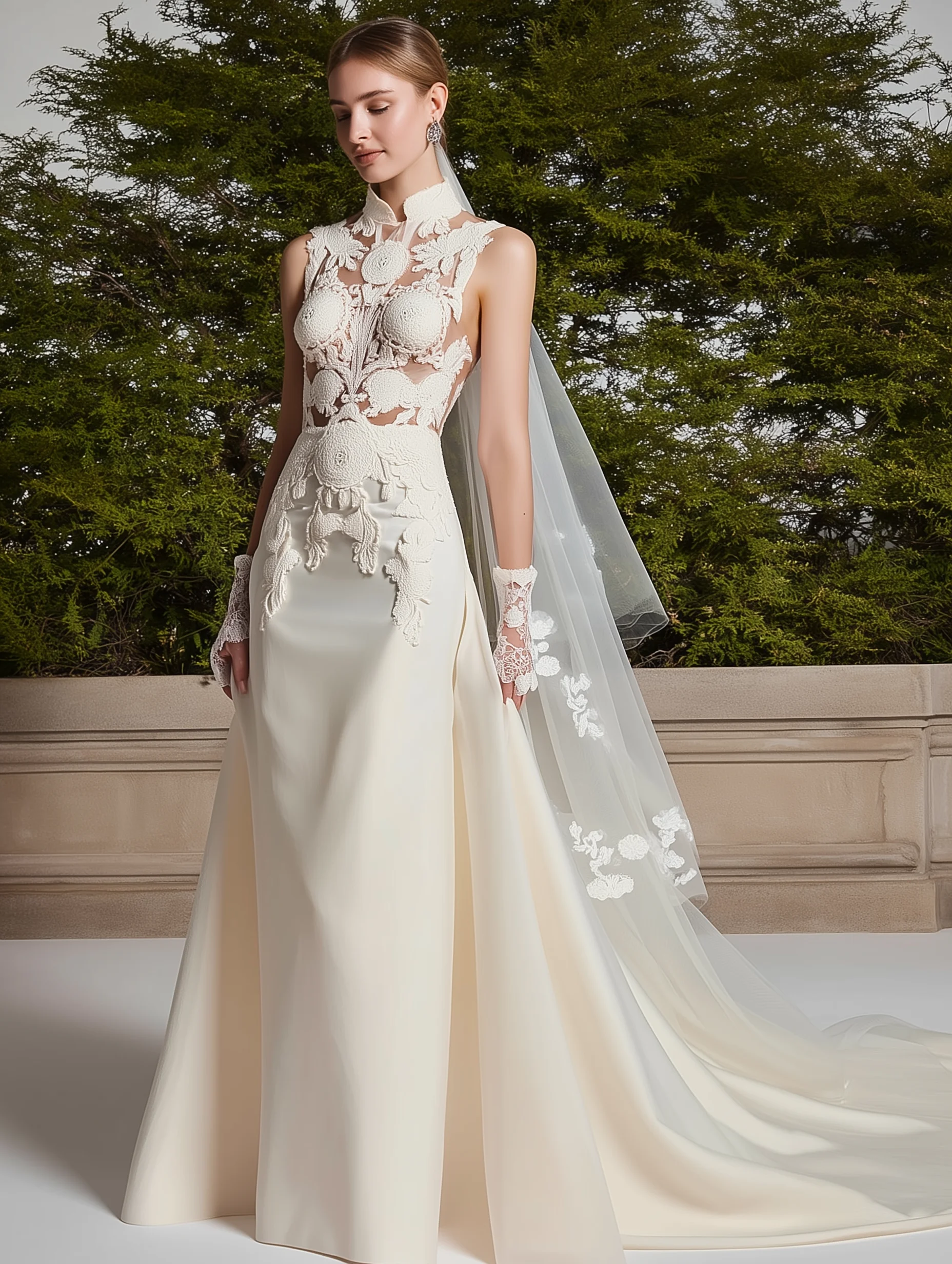 White Lace Hollow Out Bridal/Wedding Dress Stand Collar Sleeveless Sheath Gown Dress