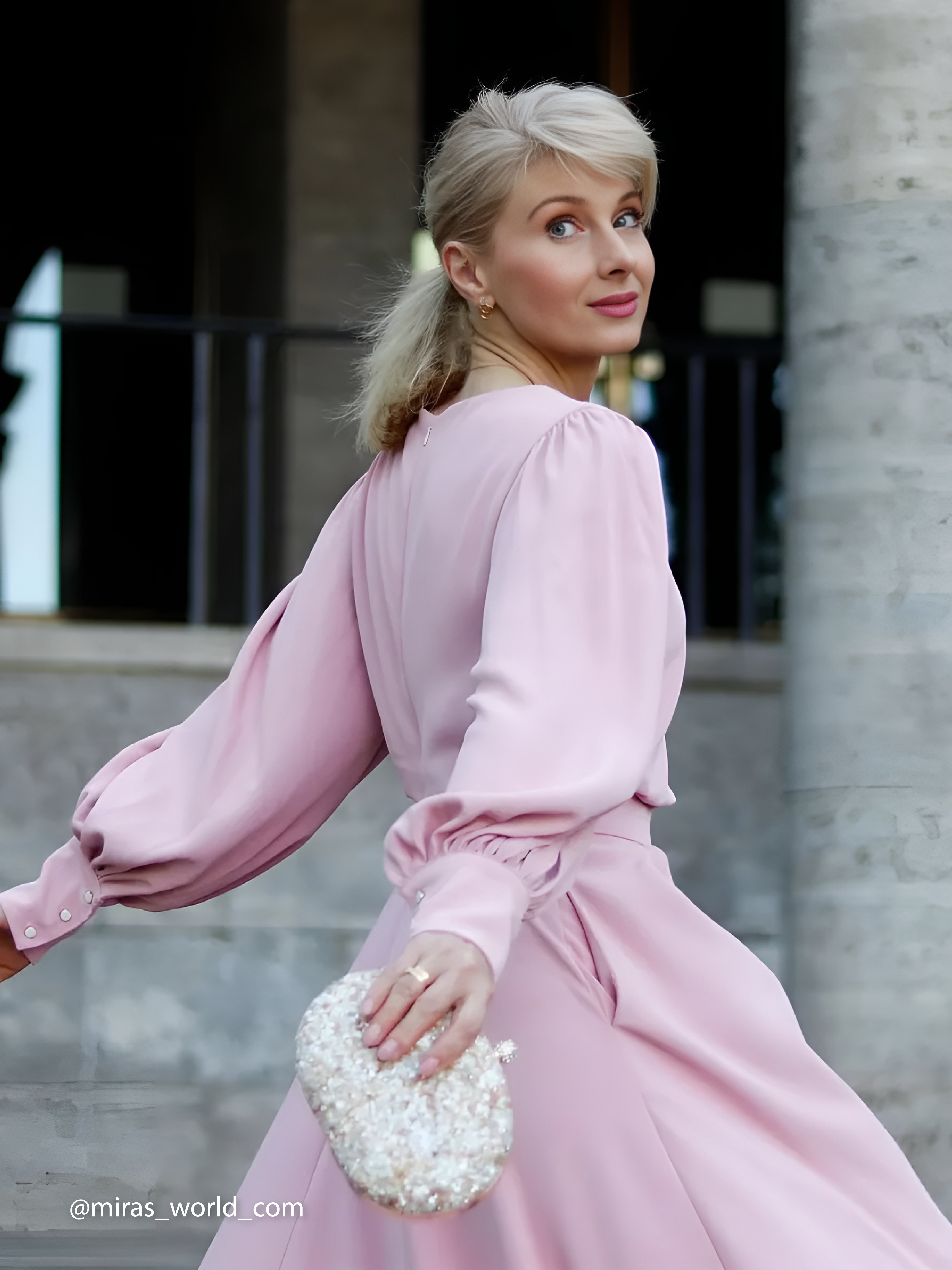 Rose Red Asymmetric Boat Neck Long Balloon Sleeve A-Line Midi Dress