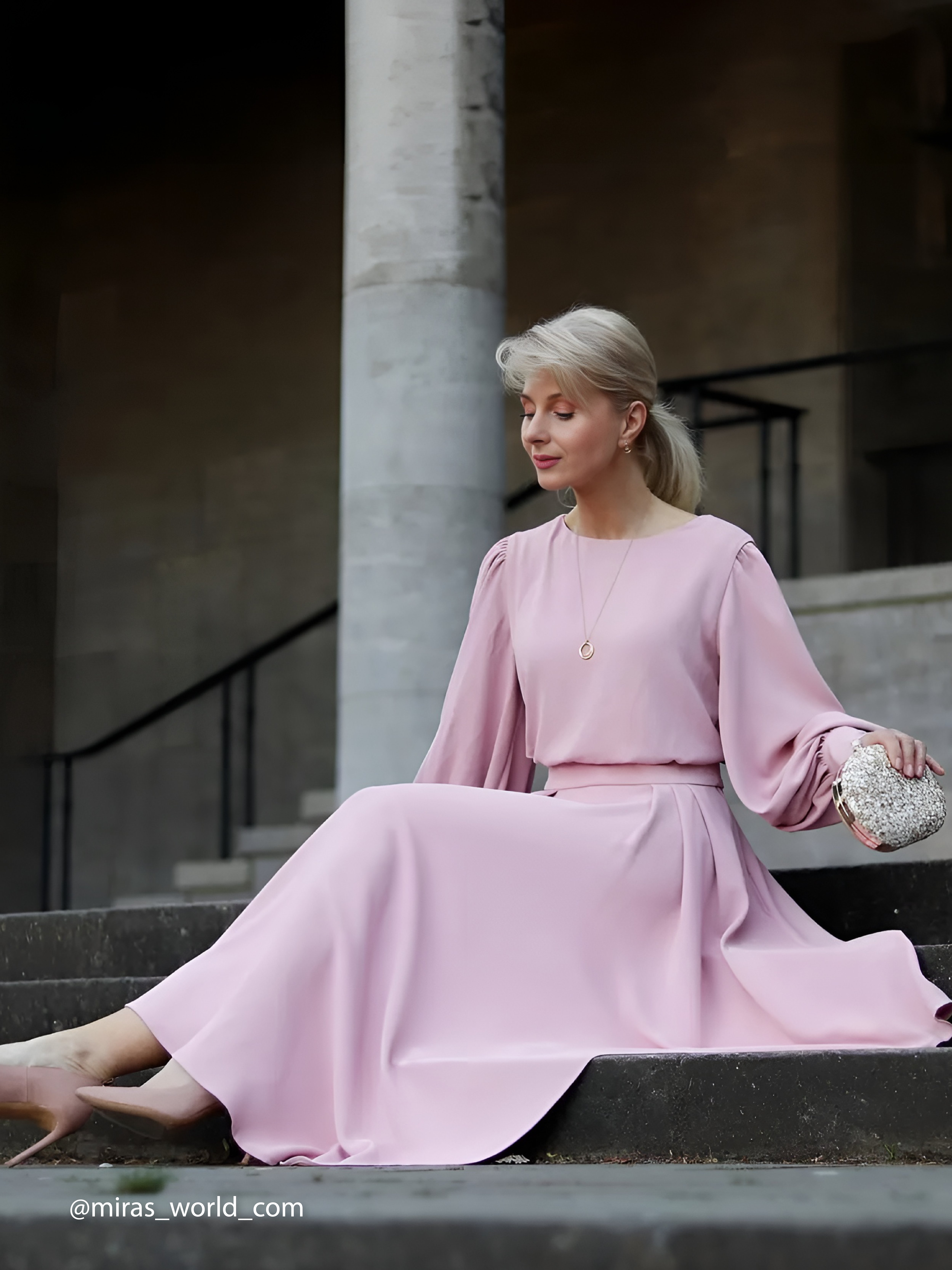 Rose Red Asymmetric Boat Neck Long Balloon Sleeve A-Line Midi Dress