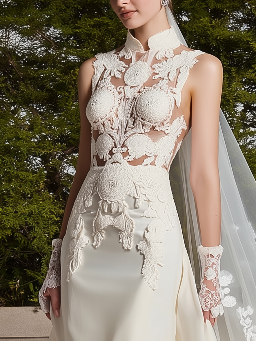 White Lace Hollow Out Wedding Dress Stand Collar Sleeveless Sheath Gown Dress