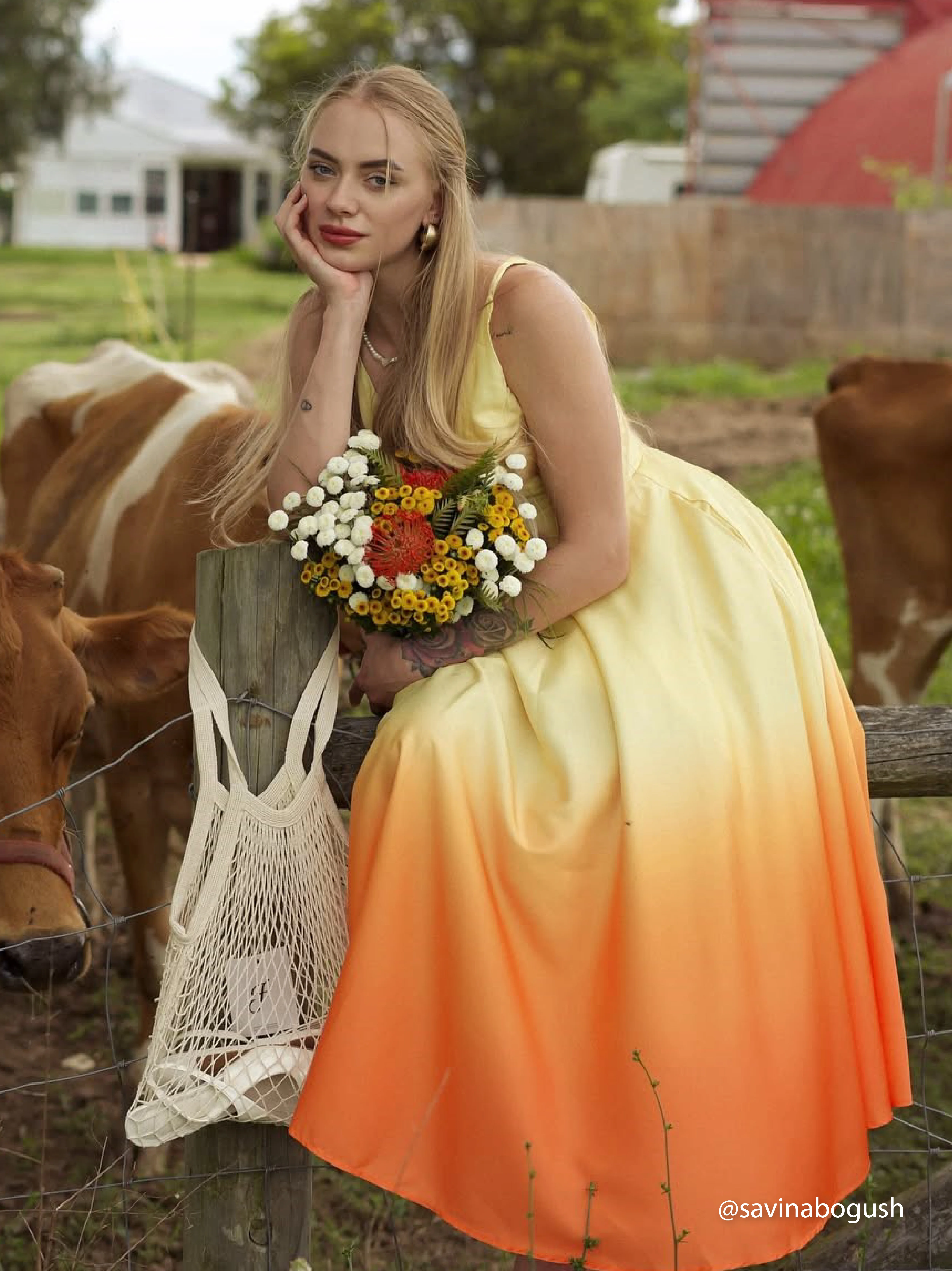 Orange Ombre Classic V Neck Sleeveless A-Line Midi Dress