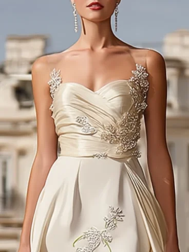White Lace Embroidery Wedding Dress Spaghetti Sleeveless A-Line Gown Dress