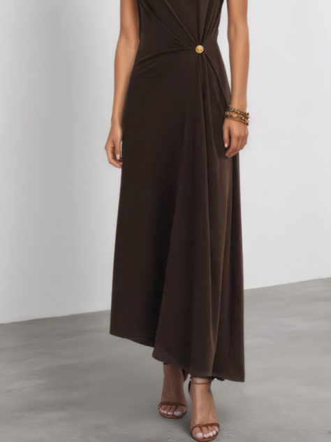 Brown Buckle Ruched Cotton Knit Asymmetrical Sleeveless A-Line Maxi Dress