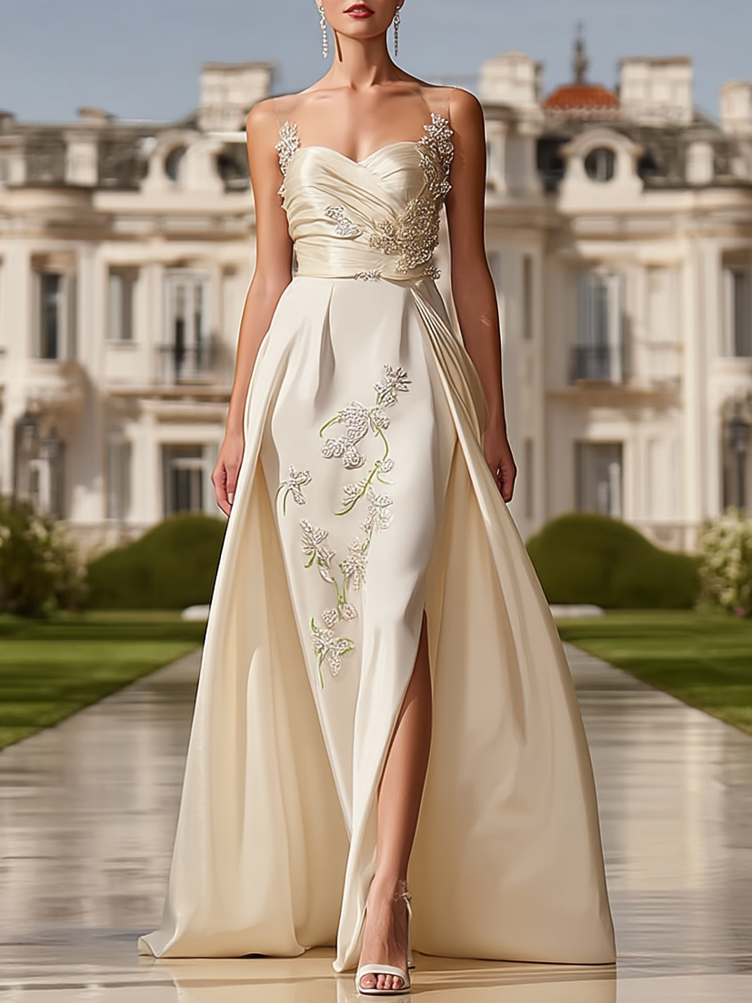 White Lace Embroidery Wedding Dress Spaghetti Sleeveless A-Line Gown Dress