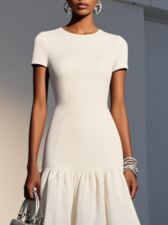 White Knit Crew Neck Short Sleeve Mermaid Midi Dress