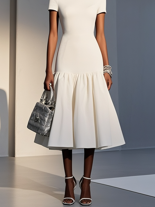 White Knit Crew Neck Short Sleeve Mermaid Midi Dress