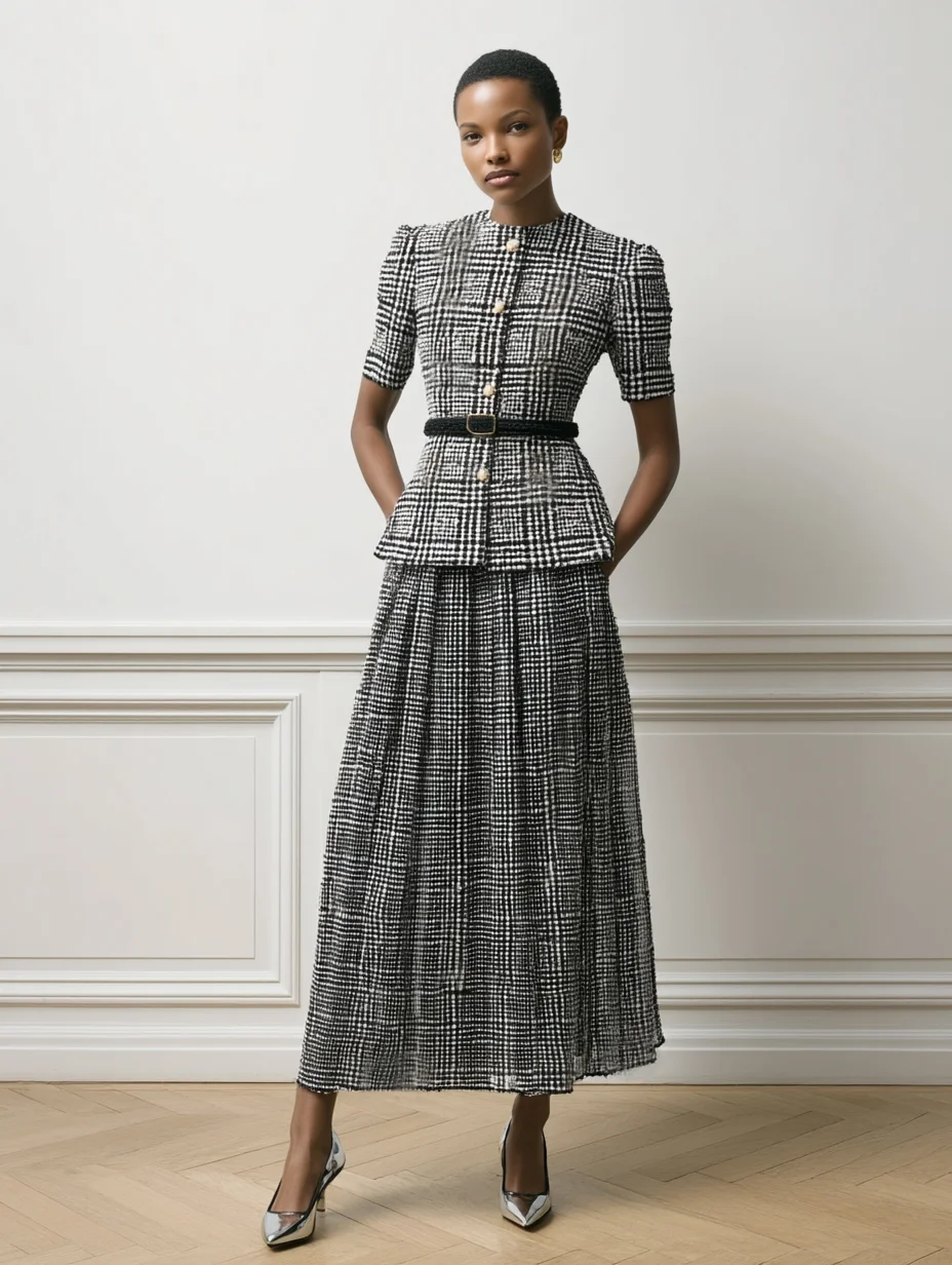 Women Gray Buckle Crew Neck Long Sleeve Dressy Coat With Skirt Two-Piece Set