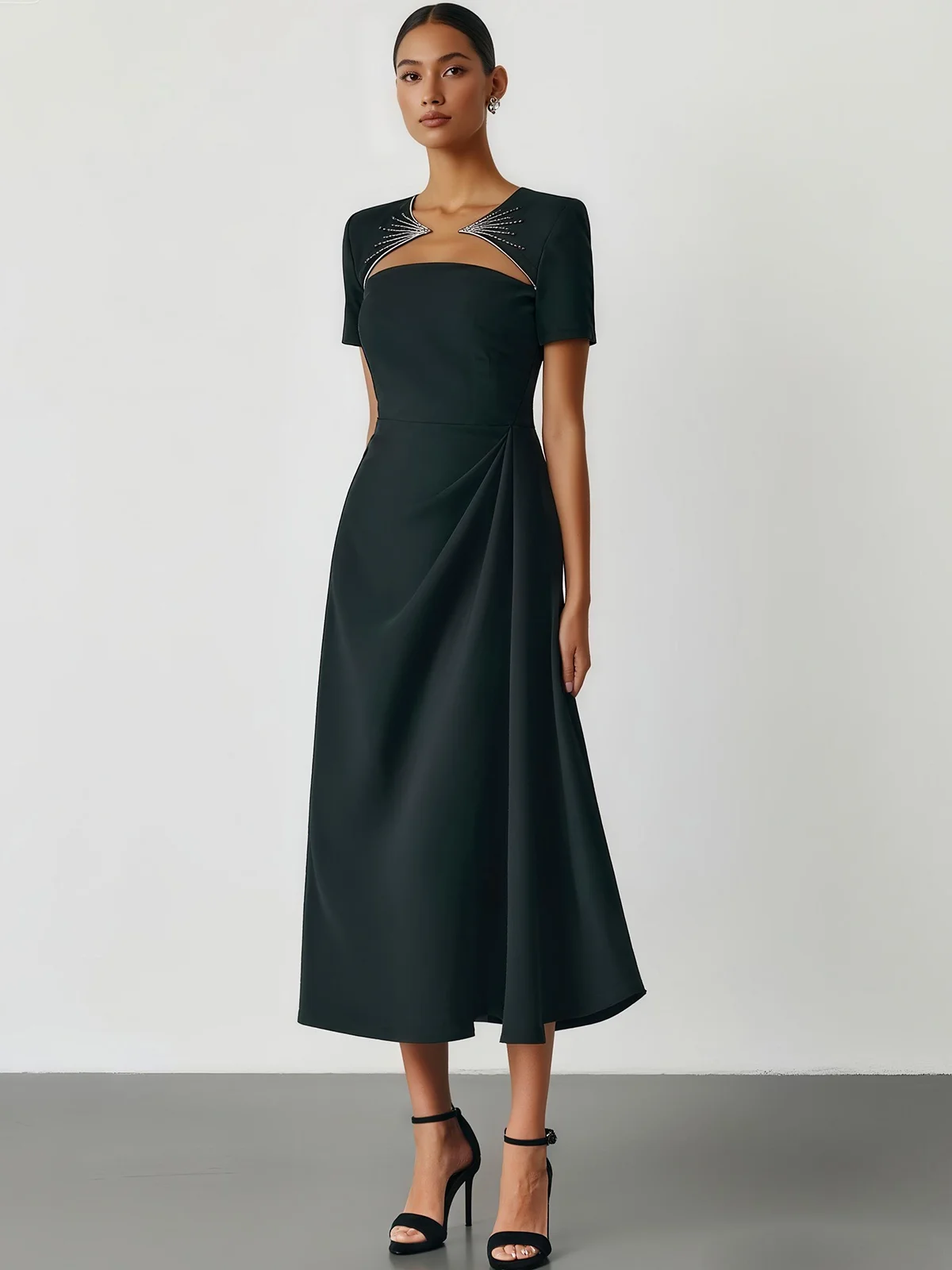Black Ruched Hotfix Embellished Classic Crew Neck Short Sleeve A-Line Midi Dress