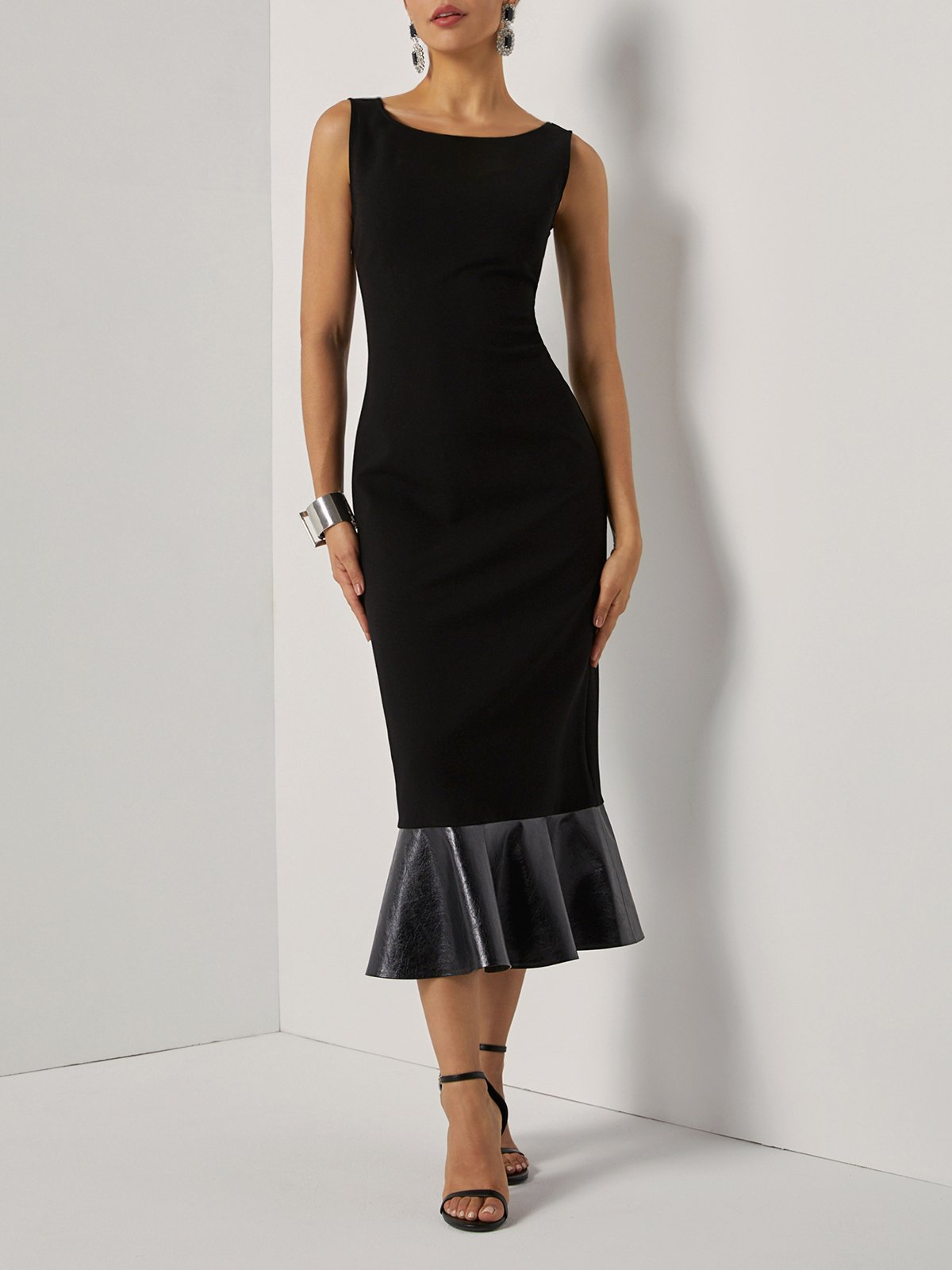 Black Knit Boat Neck Sleeveless Mermaid Midi Dress