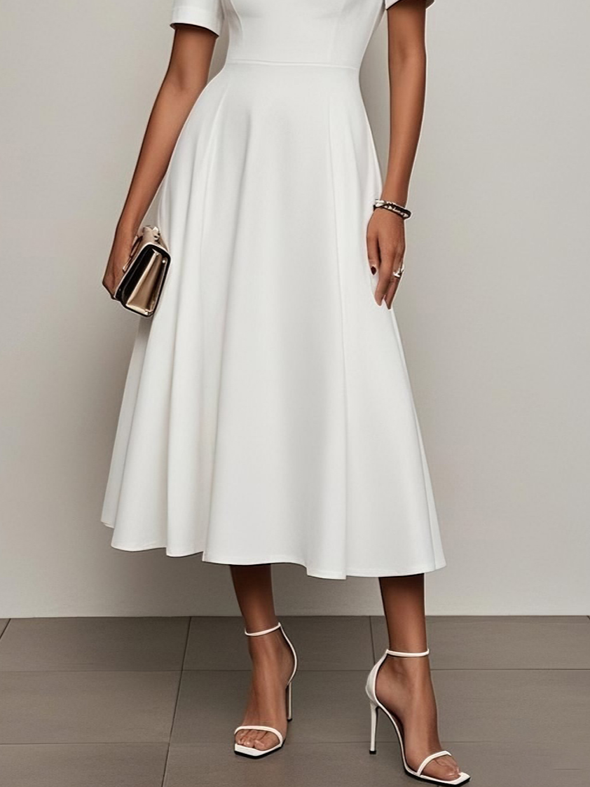 White Mesh Classic Sweetheart Neckline Short Sleeve A-Line Midi Dress