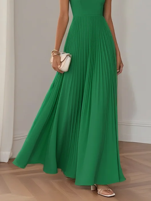 Light Blue Pleated Square Neck Sleeveless A-Line Maxi Dress