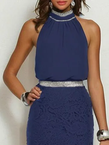 Purplish blue Rhinestone Ruched Lace Crew Neck Sleeveless Mermaid Gown Dress