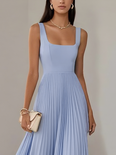 Light Blue Pleated Square Neck Sleeveless A-Line Maxi Dress