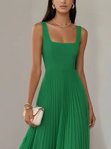 Light Blue Pleated Square Neck Sleeveless A-Line Maxi Dress