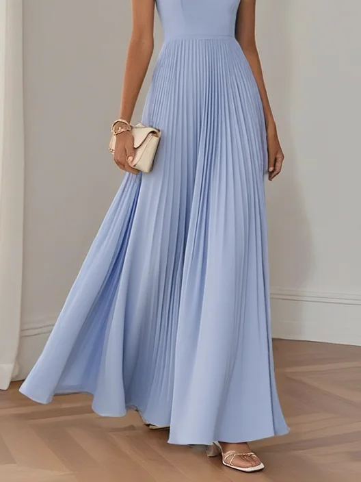 Light Blue Pleated Square Neck Sleeveless A-Line Maxi Dress
