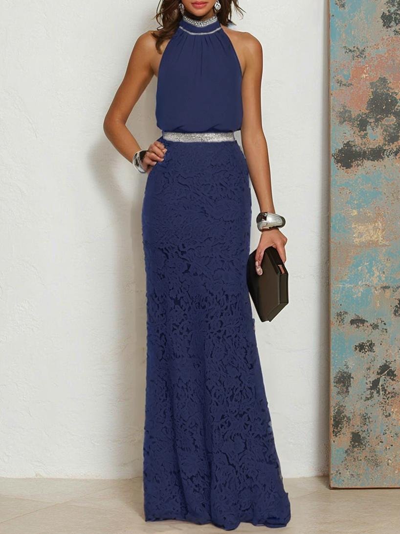 Purplish blue Rhinestone Ruched Lace Crew Neck Sleeveless Mermaid Gown Dress