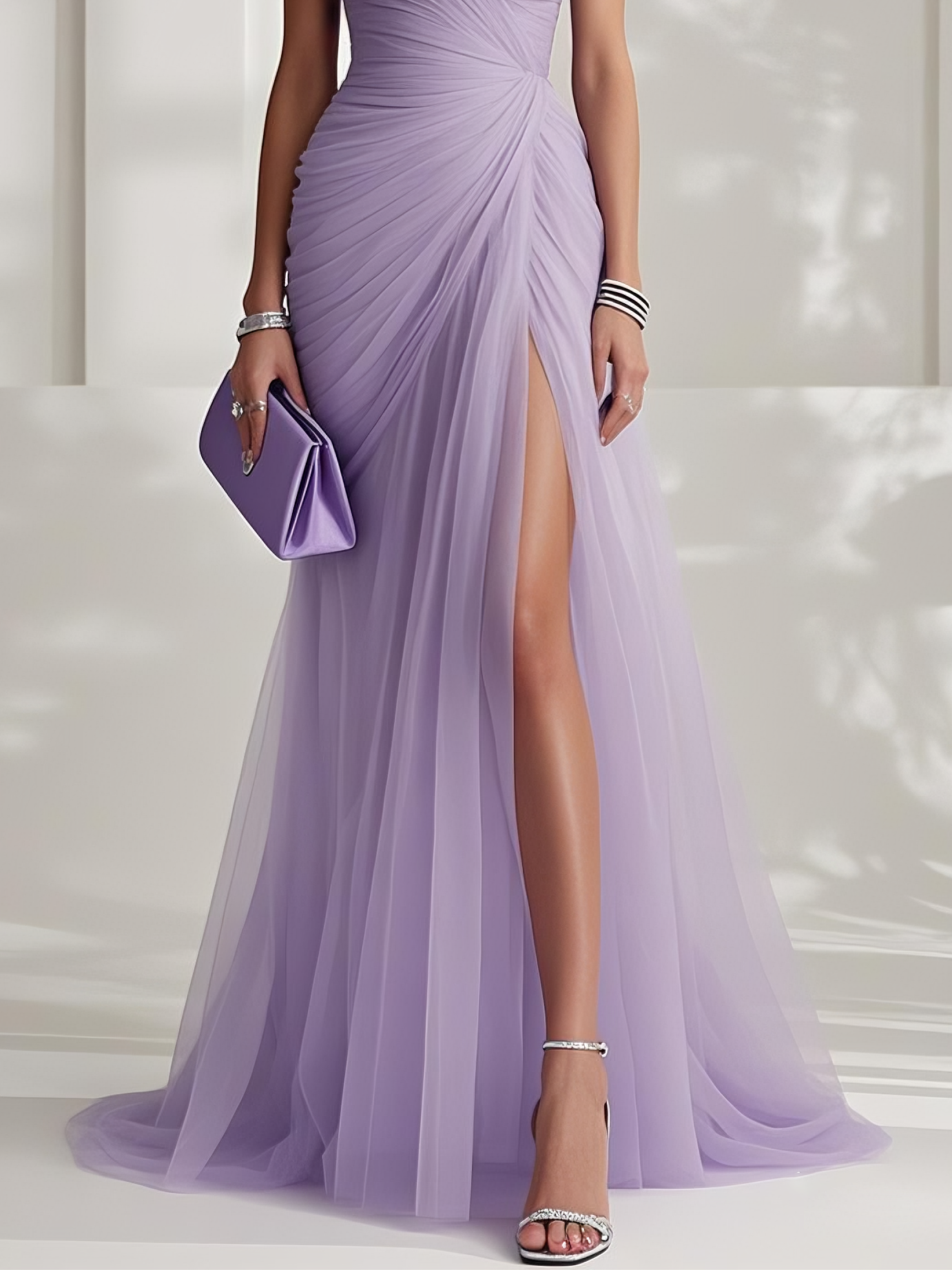 Light Blue Ruched Slit Chiffon Strapless Sleeveless Sheath Gown Dress