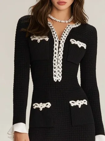 Black Stitching Lace Pocket Stitching Knit Crew Neck Long Sleeve Mermaid Midi Dress