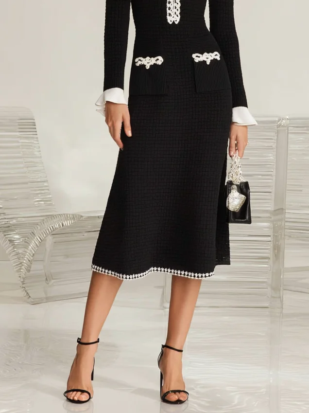 Black Stitching Lace Pocket Stitching Knit Crew Neck Long Sleeve Mermaid Midi Dress
