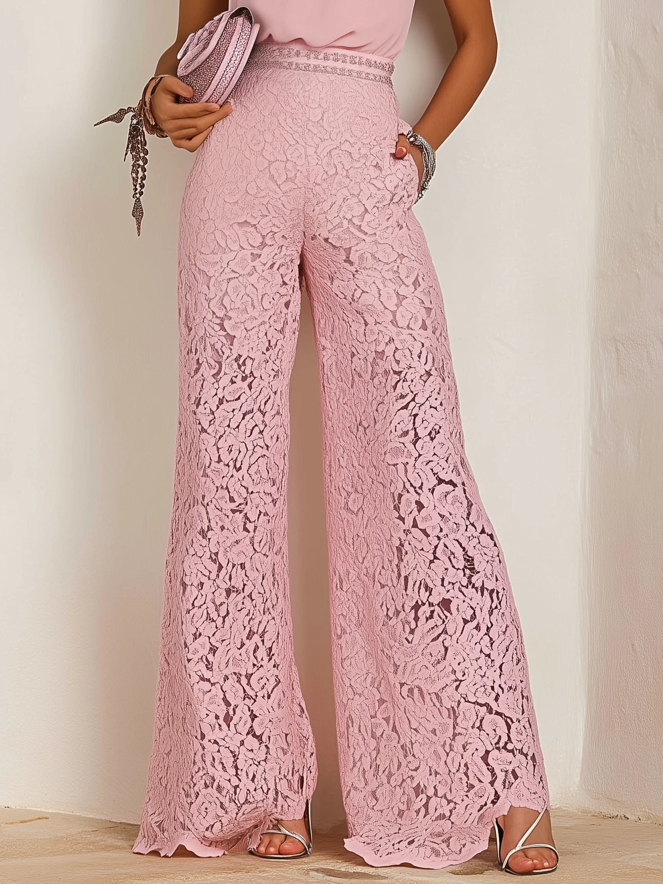 Women Pink Lace Rhinestone Mock Neck Sleeveless Dressy Jumpsuit