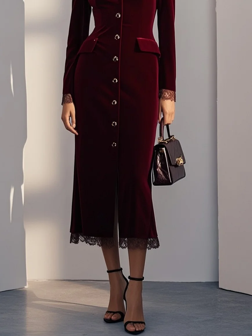 Wine Red Lace Buckle Velvet V Neck Long Sleeve Sheath Midi Dress