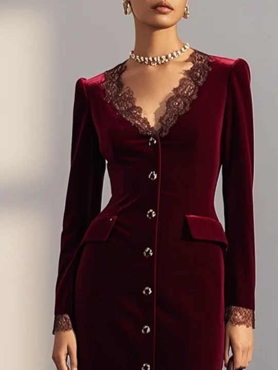 Wine Red Lace Buckle Velvet V Neck Long Sleeve Sheath Midi Dress