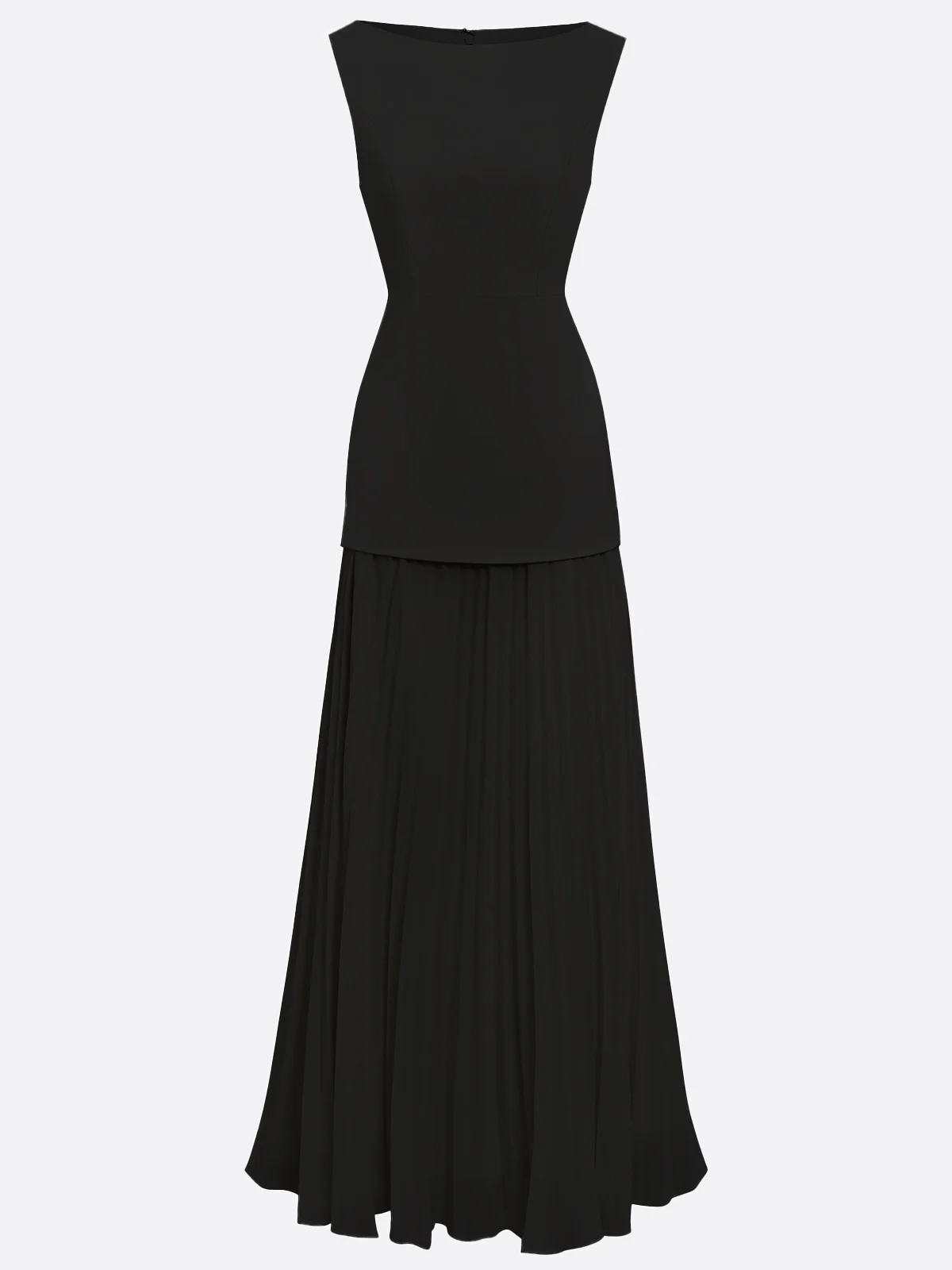 Off White Pleated Classic Boat Neck Sleeveless A-Line Maxi Dress