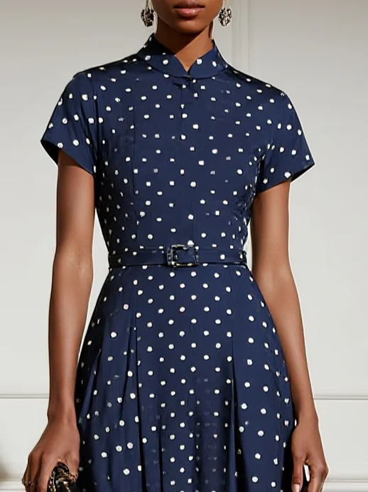 Navy Blue Polka Dots Classic Mock Neck Short Sleeve A-Line Midi Dress