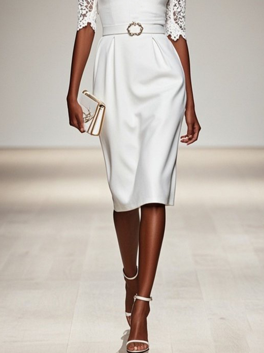 White Lace Classic Mock Neck Half Sleeve Sheath Midi Dress