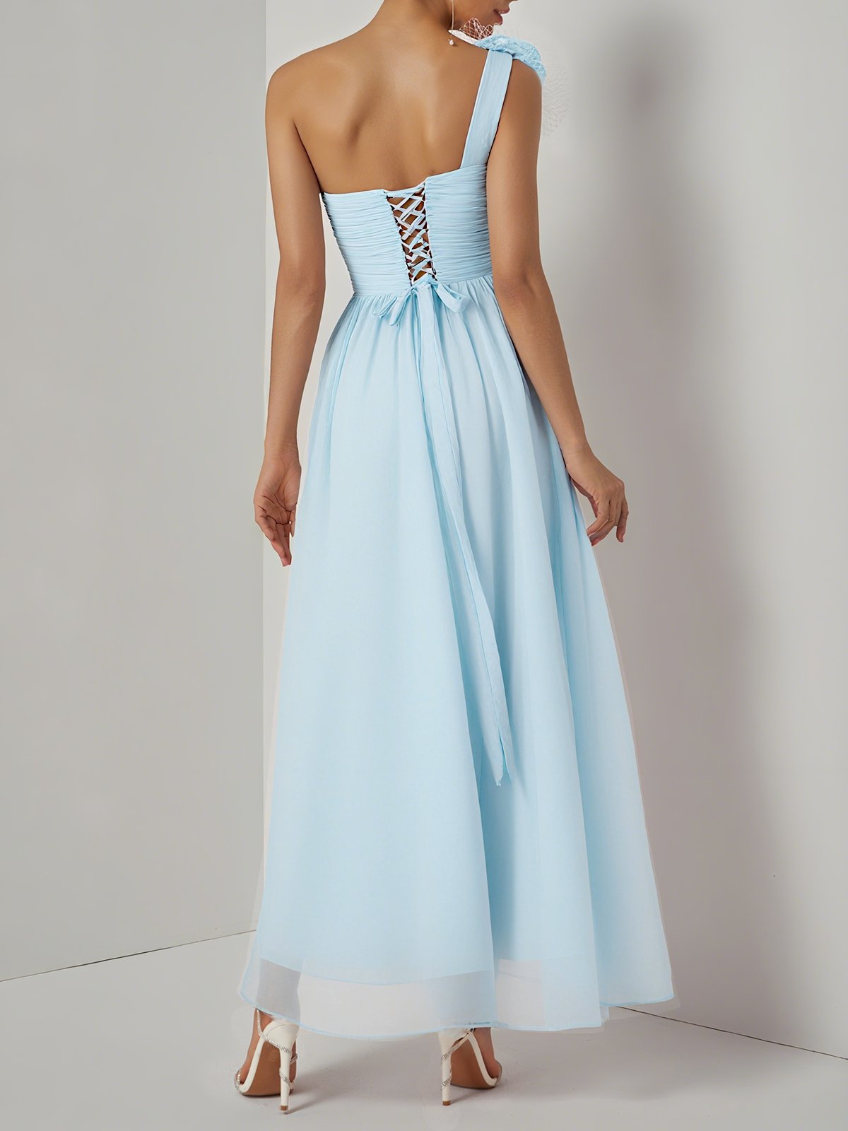 Light Blue 3D Floral Ruched Chiffon One Shoulder Sleeveless Sheath Gown Dress