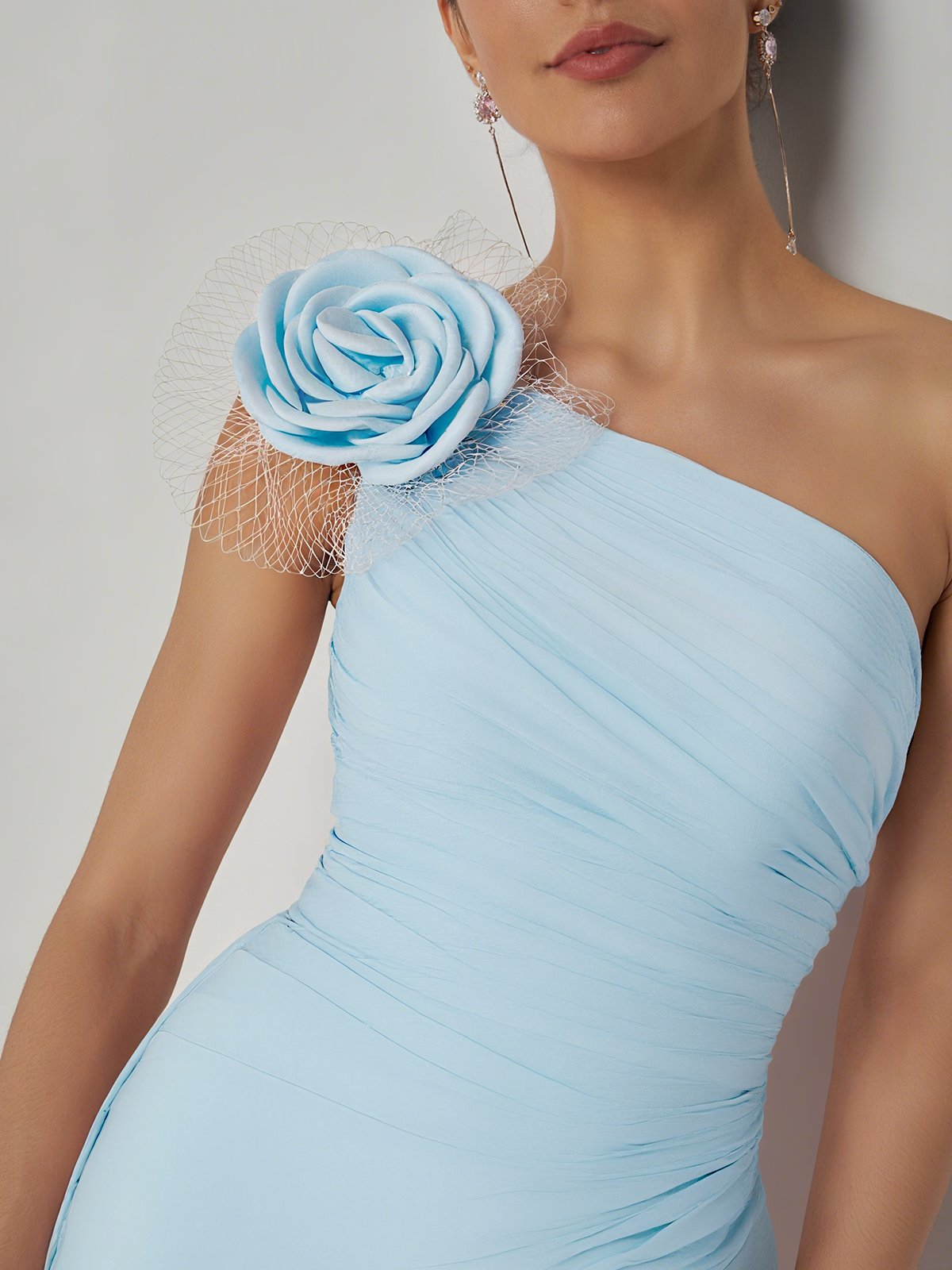 Light Blue 3D Floral Ruched Chiffon One Shoulder Sleeveless Sheath Gown Dress