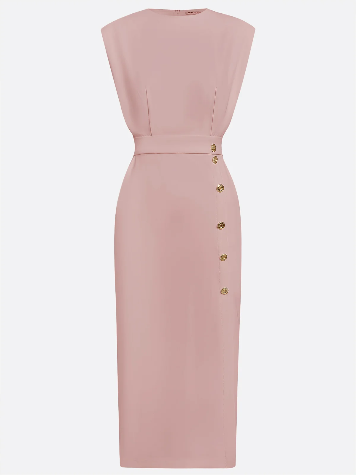 Off White Button Side-Slit Classic Crew Neck Sleeveless Sheath Midi Dress
