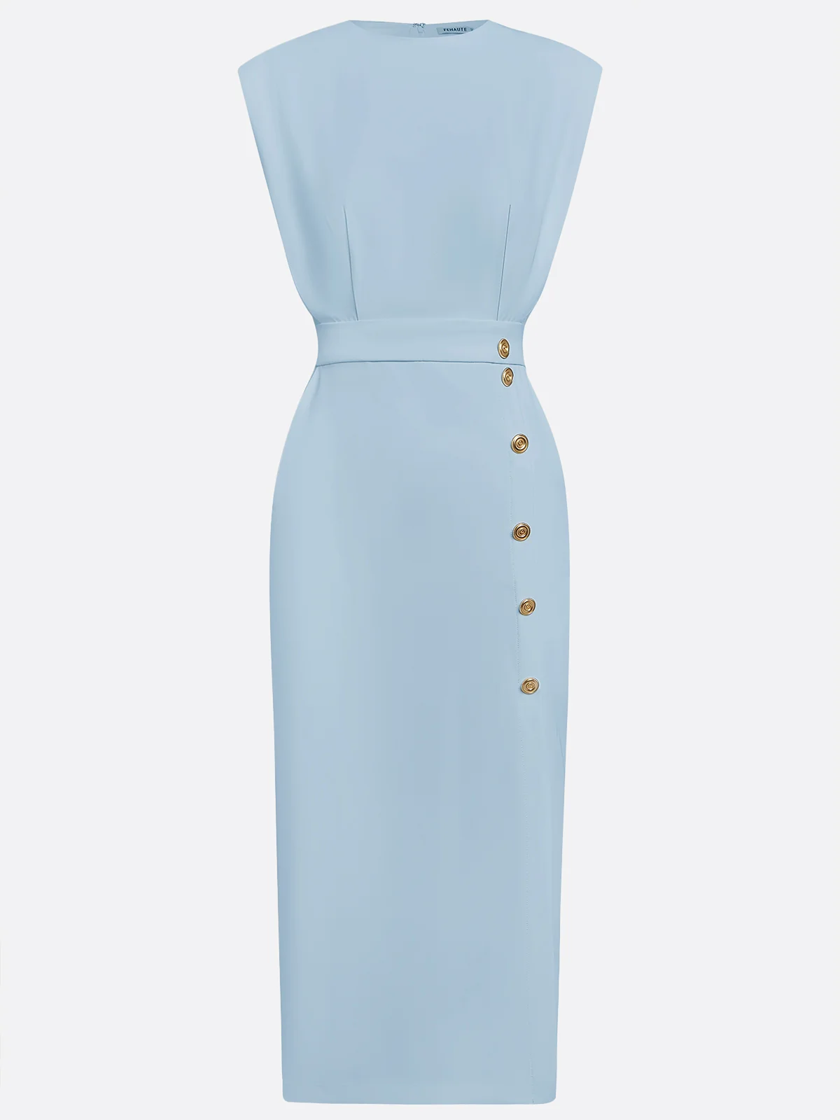 Off White Button Side-Slit Classic Crew Neck Sleeveless Sheath Midi Dress