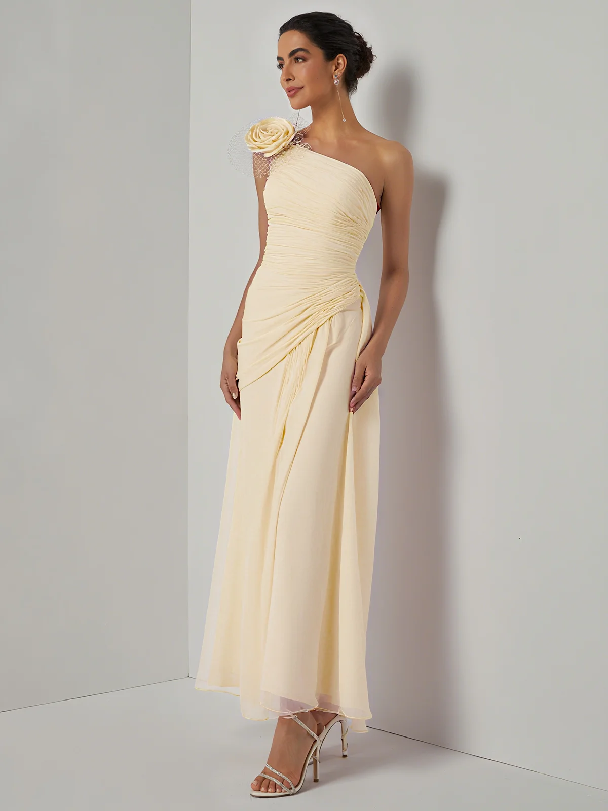 Pink 3D Floral Chiffon One Shoulder Sleeveless Sheath Gown Dress