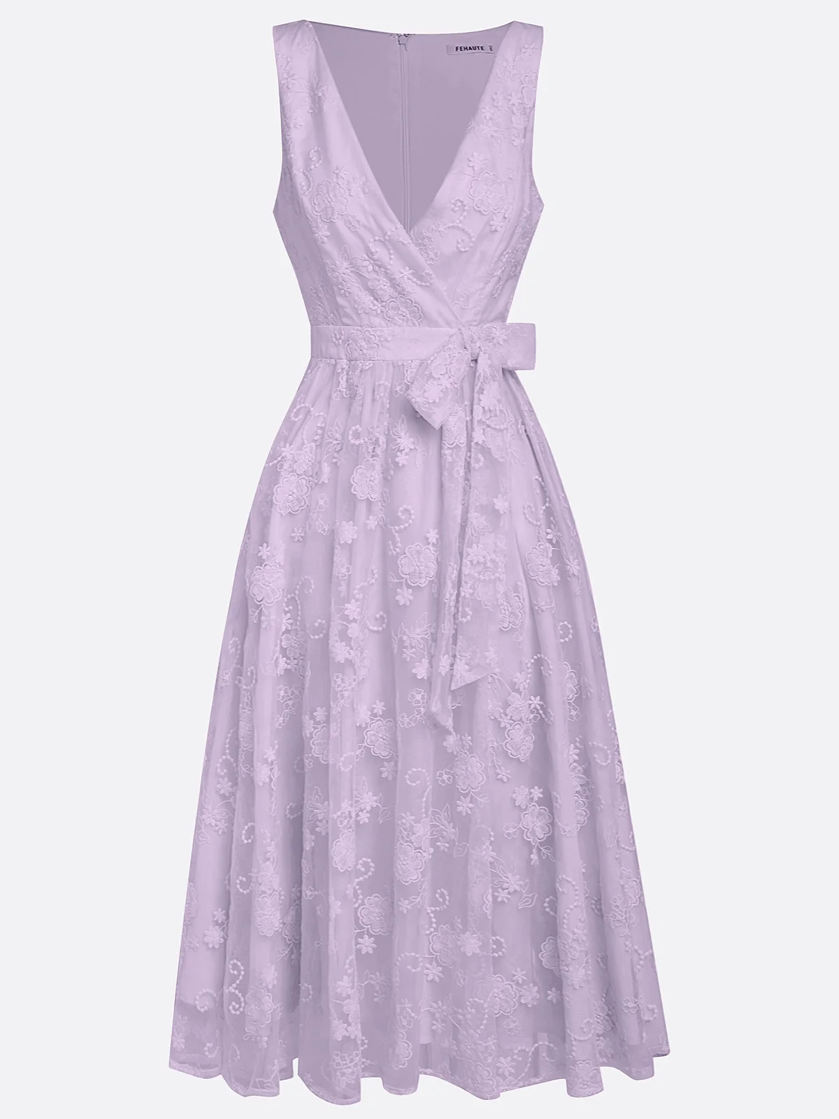 Light Blue Bow Embroidery Classic V Neck Sleeveless A-Line Midi Dress
