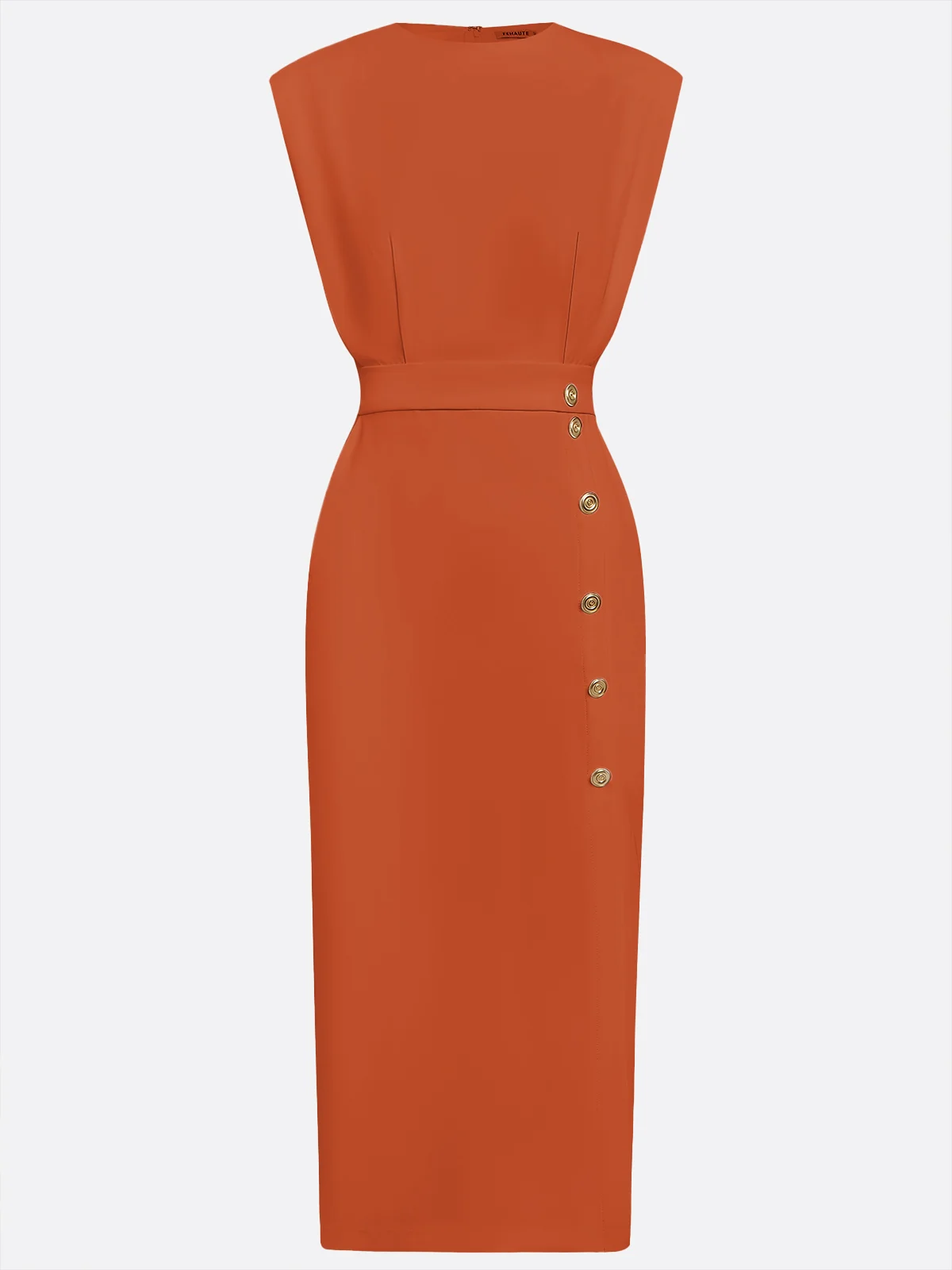Off White Button Side-Slit Classic Crew Neck Sleeveless Sheath Midi Dress