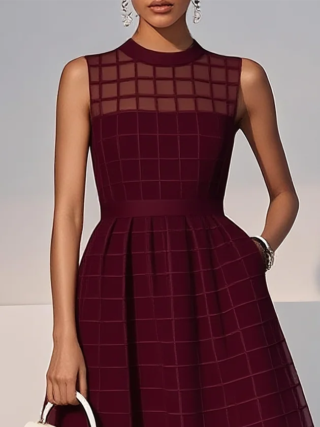 Wine Red Classic Crew Neck Sleeveless A-Line Midi Dress