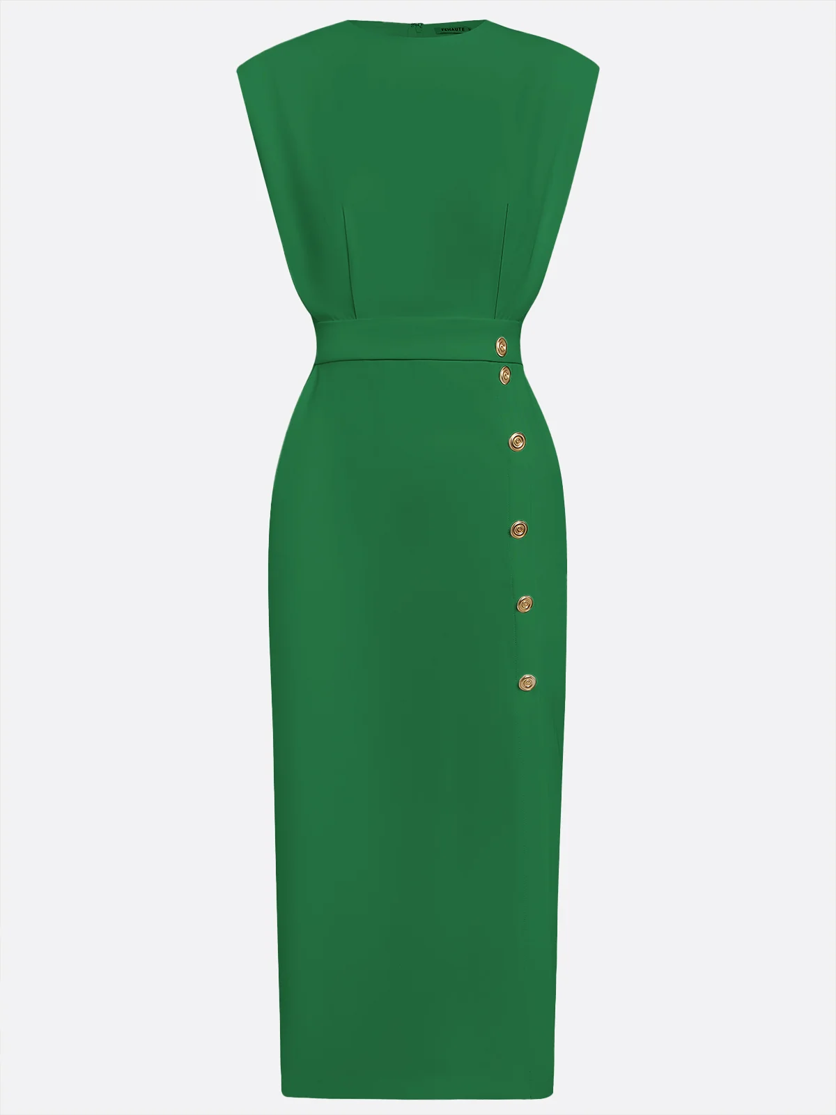 Off White Button Side-Slit Classic Crew Neck Sleeveless Sheath Midi Dress