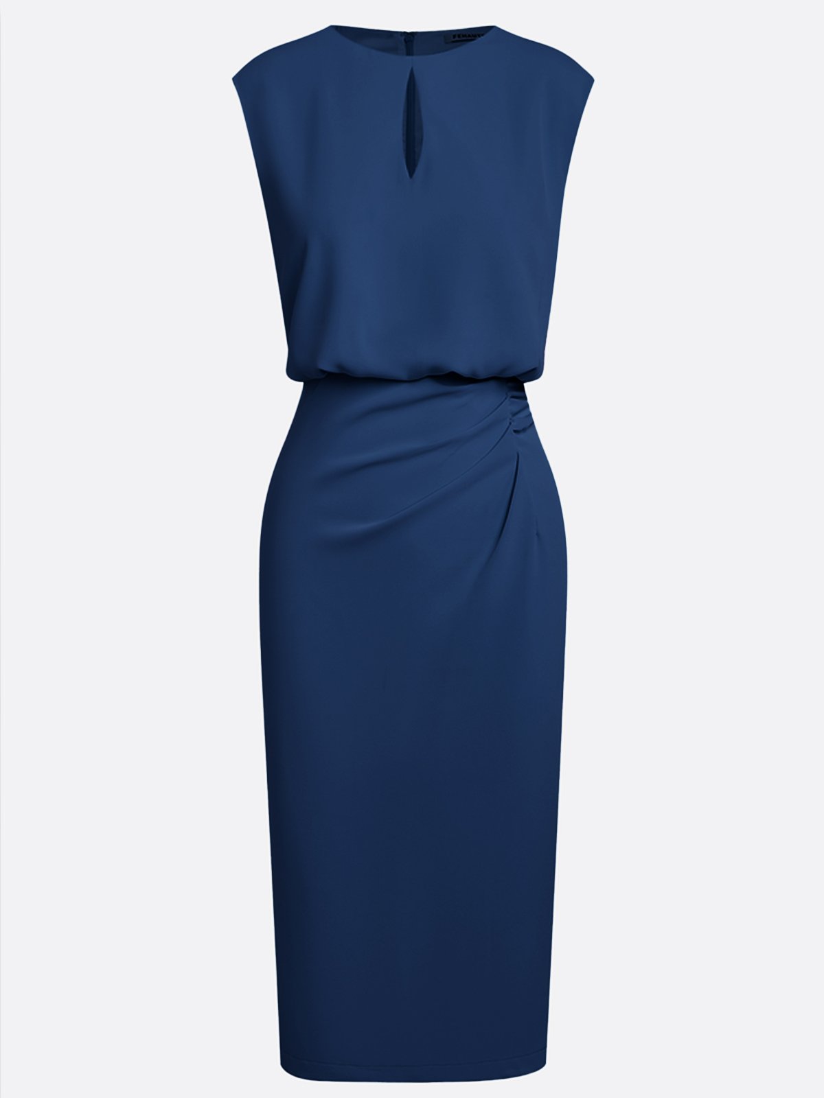 Purplish Blue Ruched Cut Out Classic Crew Neck Cap Sleeve Sheath Midi Dress