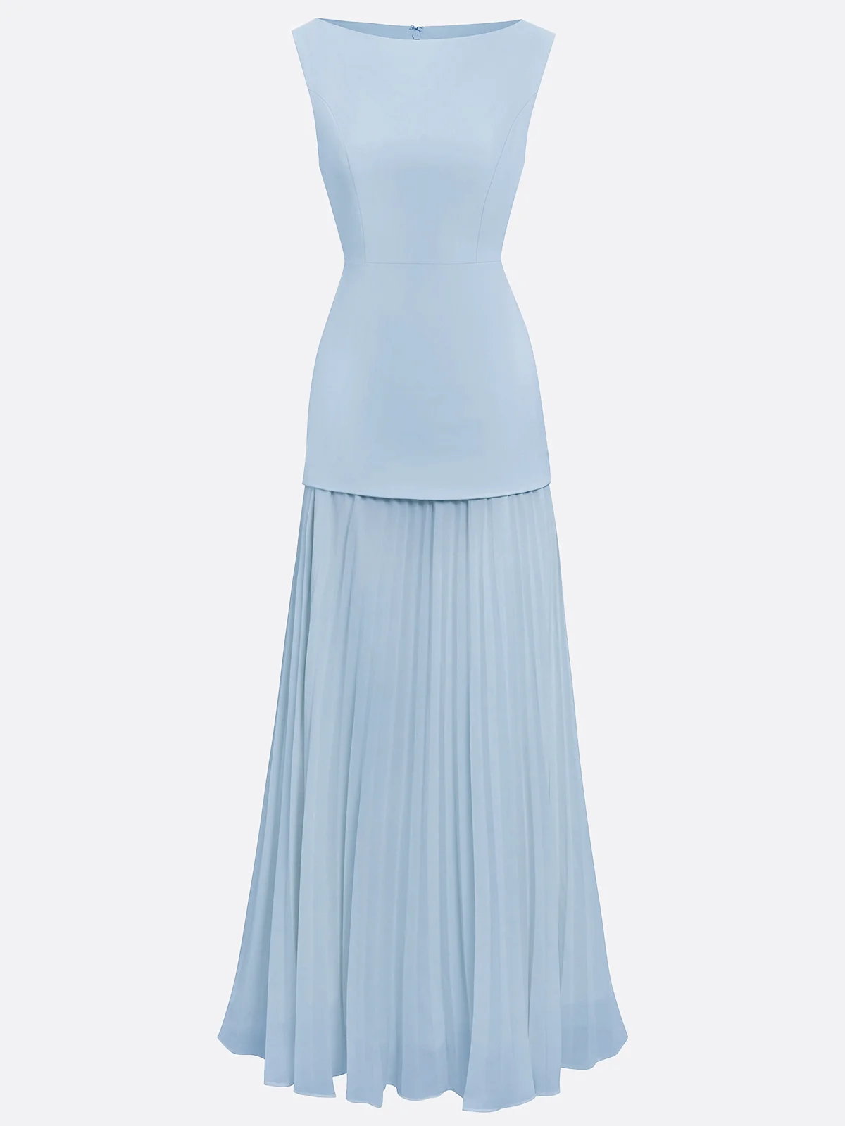 Off White Pleated Classic Boat Neck Sleeveless A-Line Maxi Dress