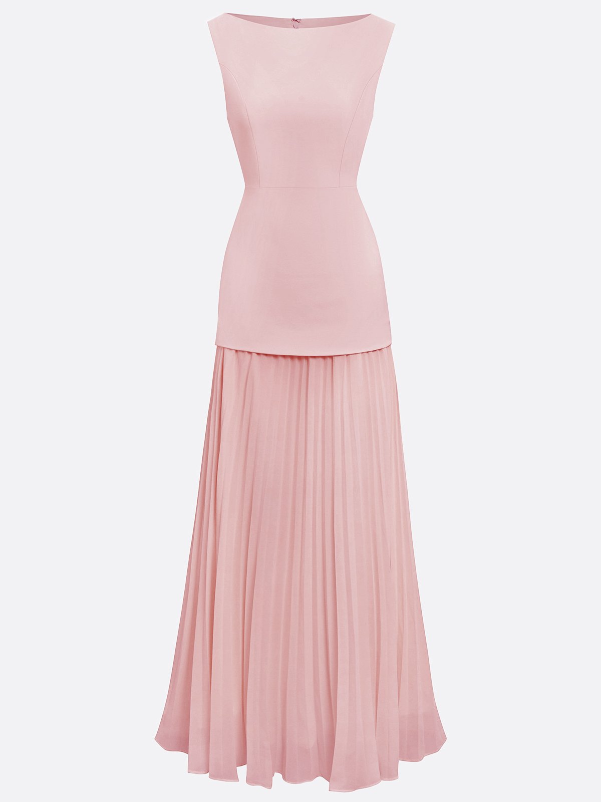 Off White Pleated Classic Boat Neck Sleeveless A-Line Gown Dress