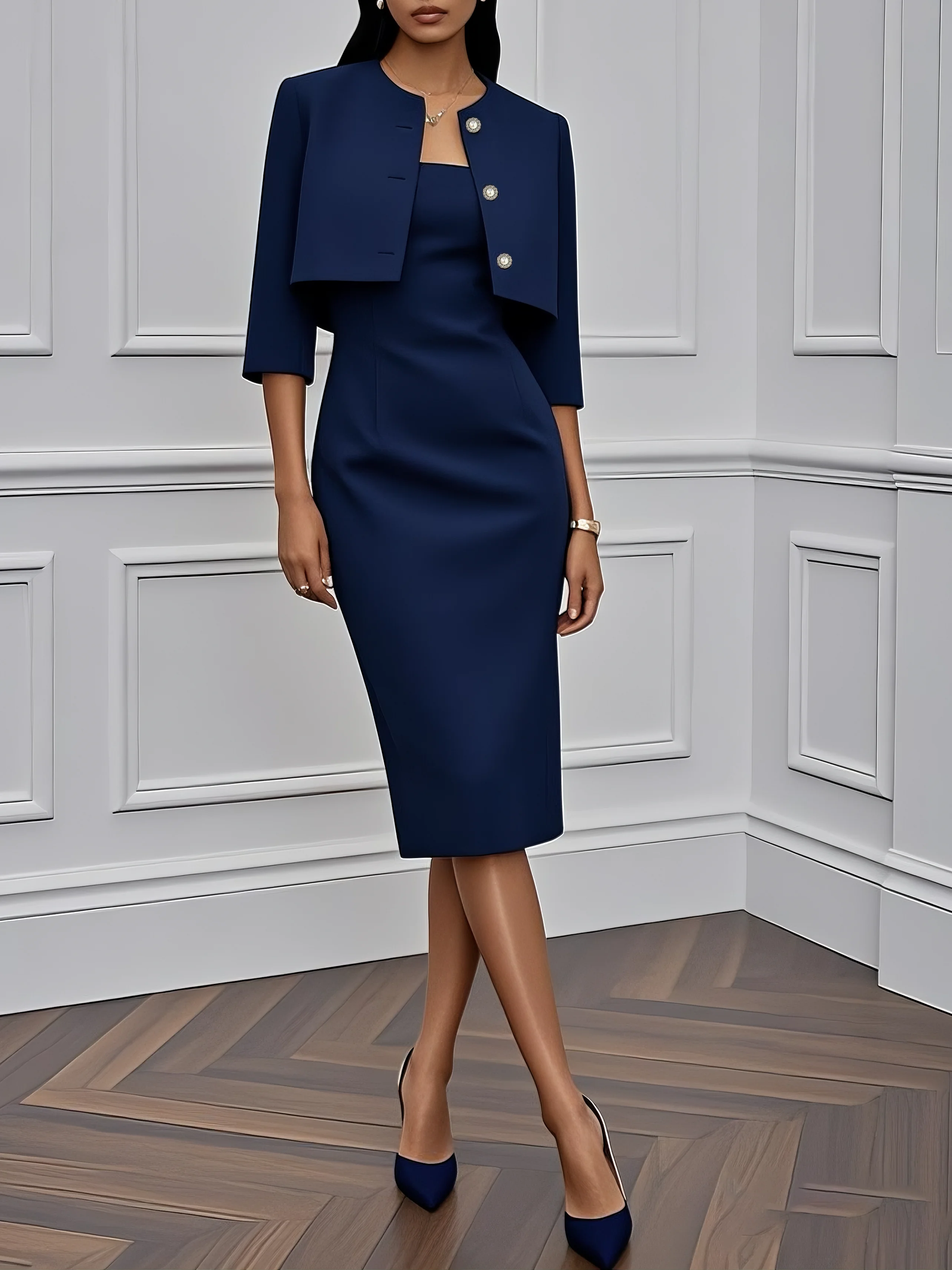 Women Navy Blue Buckle Crew Neck Three Quarter Sleeve Dressy Coat With Dress Two-Piece Dress