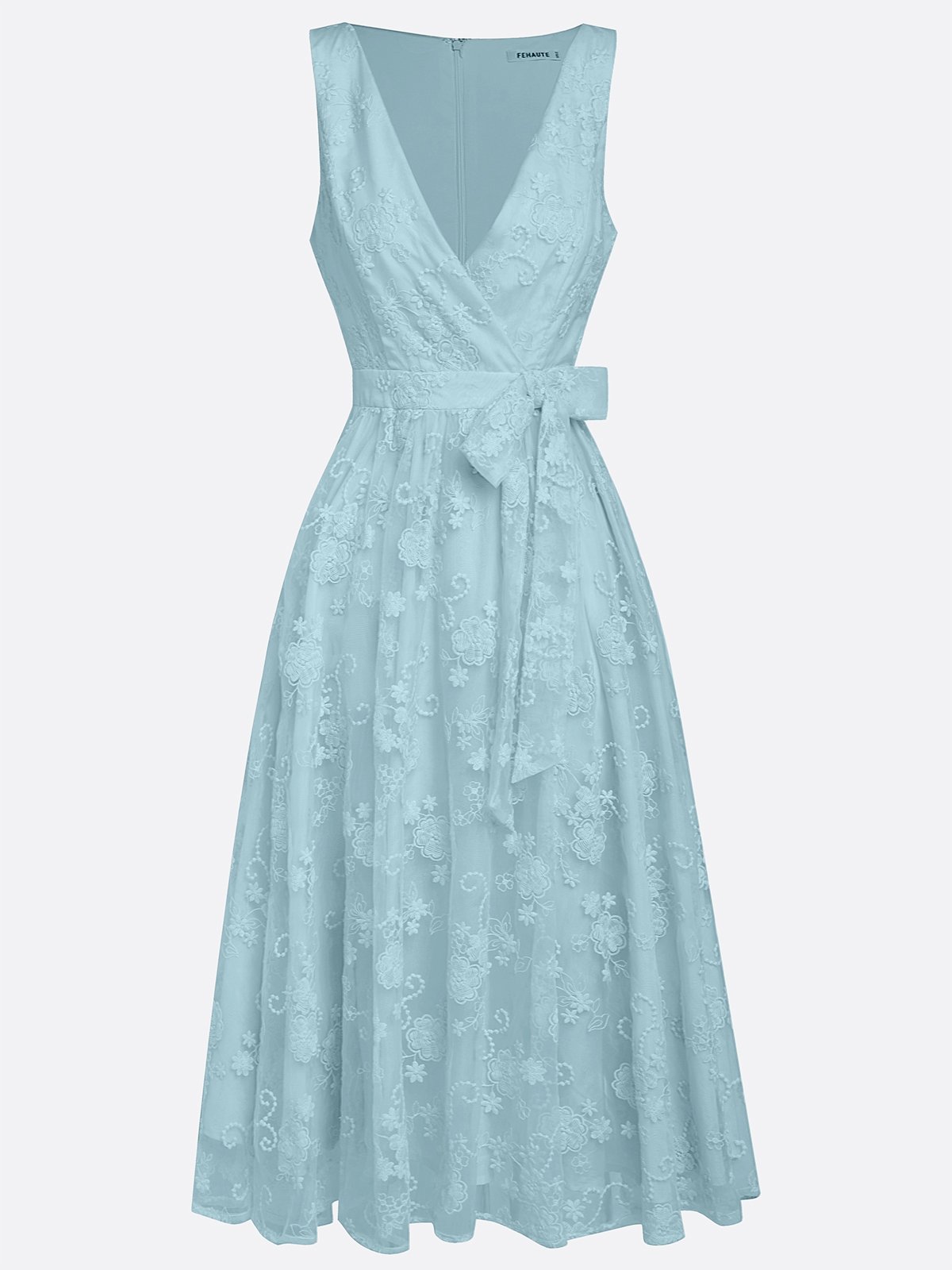 Light Blue Bow Embroidery Classic V Neck Sleeveless A-Line Midi Dress