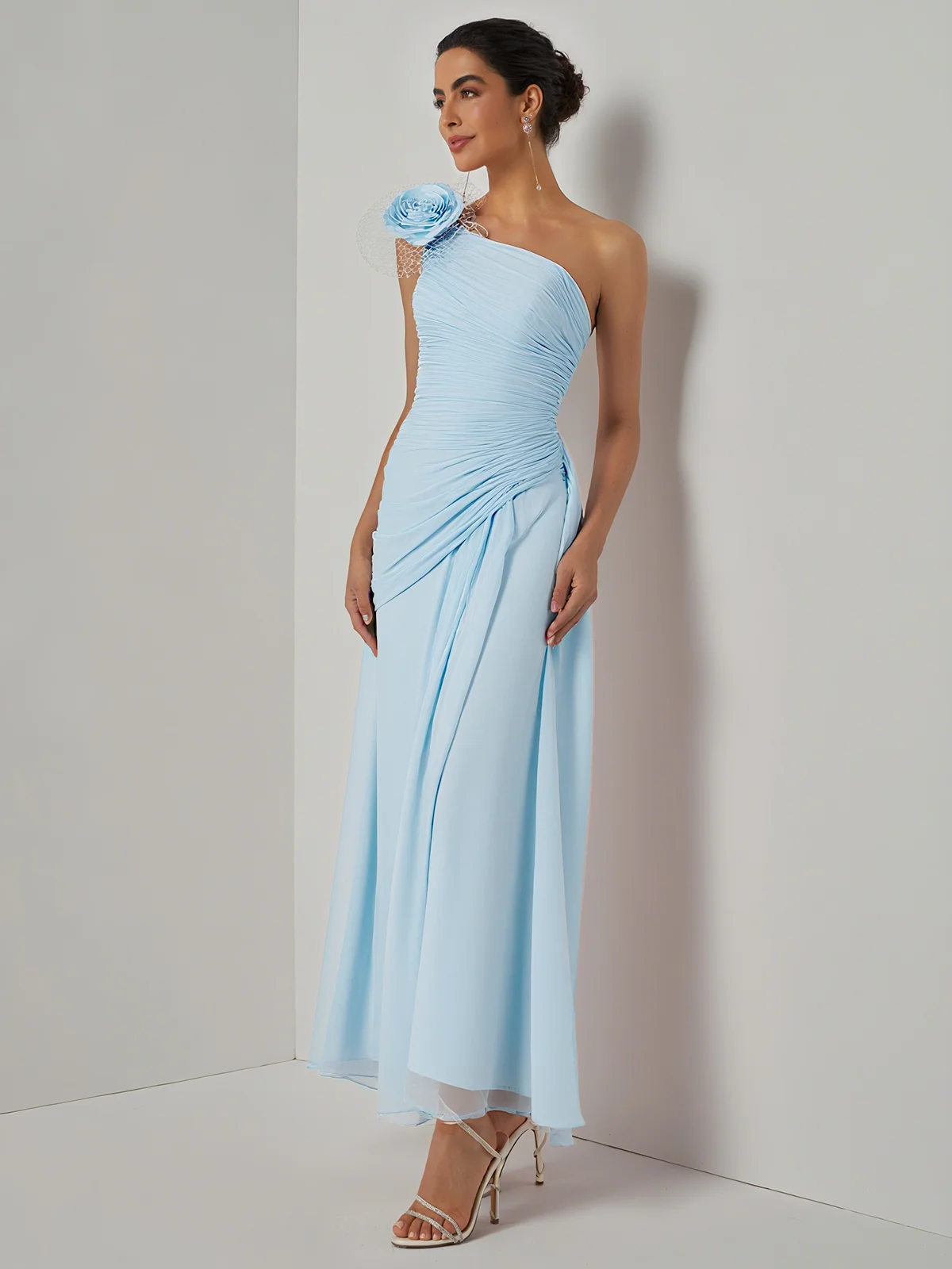 Light Blue 3D Floral Ruched Chiffon One Shoulder Sleeveless Sheath Gown Dress