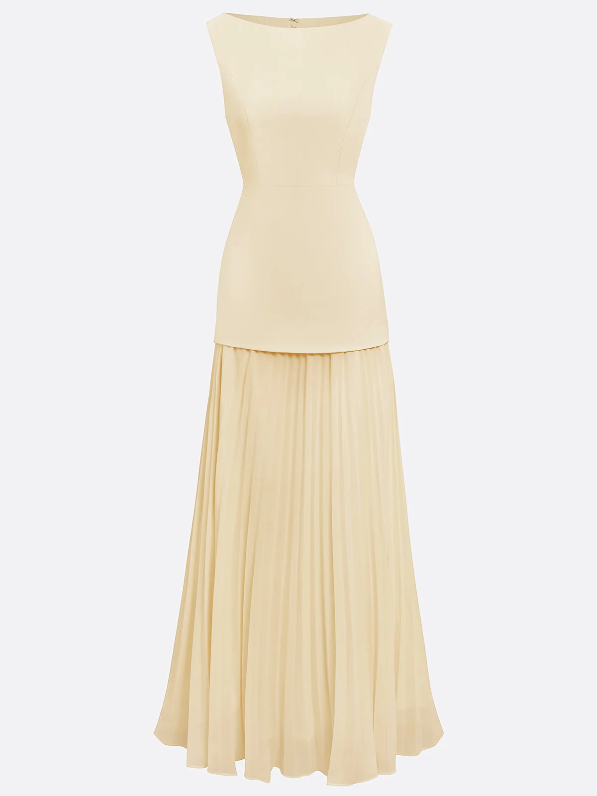 Off White Pleated Classic Boat Neck Sleeveless A-Line Maxi Dress