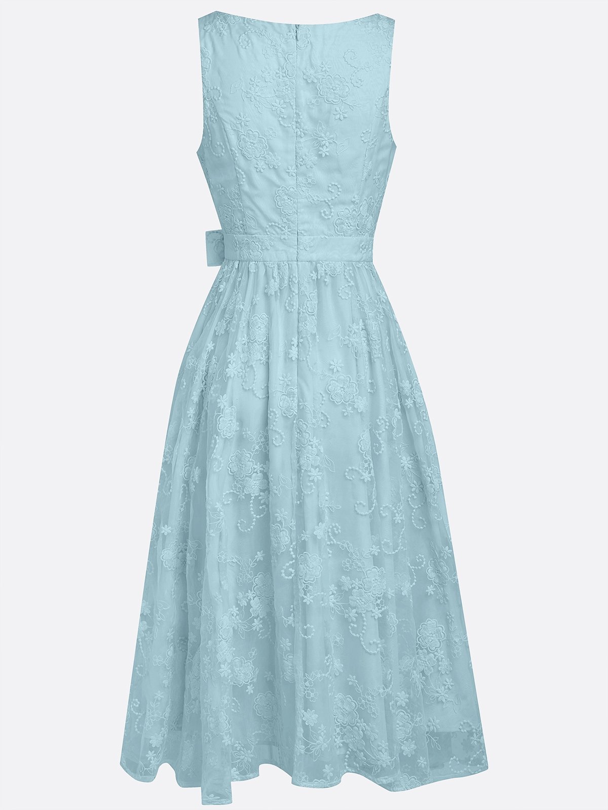 Light Blue Bow Embroidery Classic V Neck Sleeveless A-Line Midi Dress