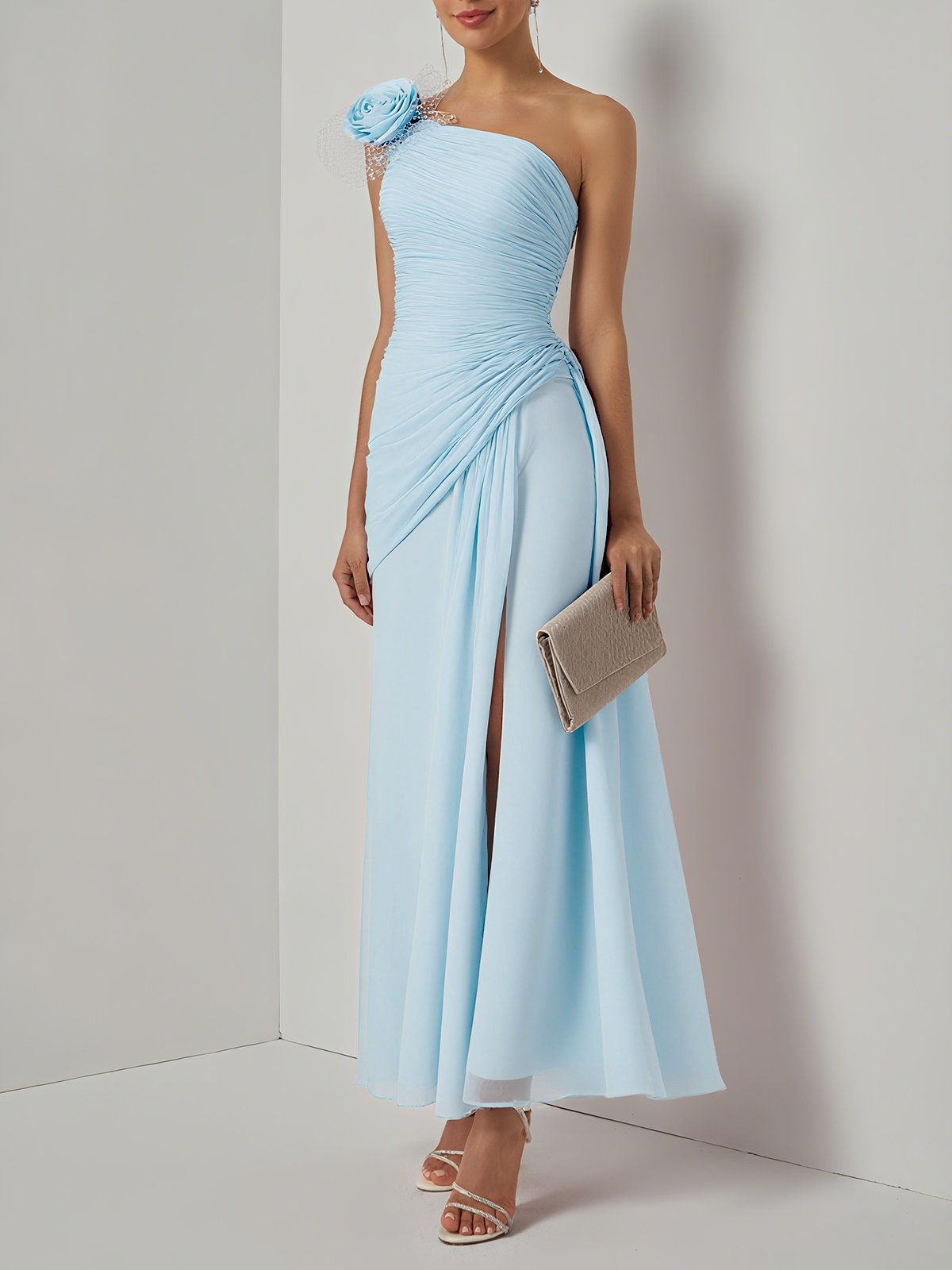 Light Blue 3D Floral Ruched Chiffon One Shoulder Sleeveless Sheath Gown Dress